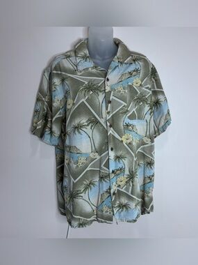 Bahama Bay Club Men's large Olive Green tropical Hawaiian Print Button-Up Shirt